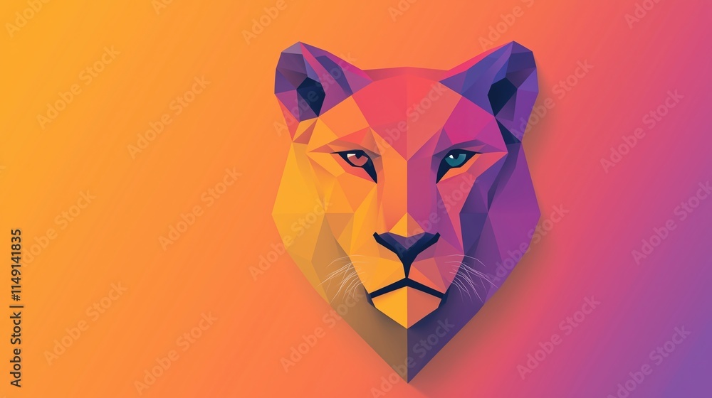 Poster geometric low poly design of a lion's face with vibrant gradient colors in abstract style for modern