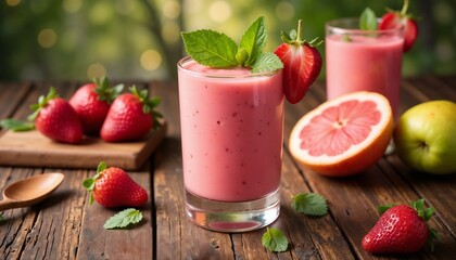 Pink smoothie glass with mint leaves and strawberry on the edge.Freshness. Nature. Healthy lifestyle.Healthy drinks, smoothie recipes, natural ingredients, summer menu, event promotion, wellness poste