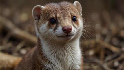 Close-up portrait of a curious, light brown weasel with dark eyes and white chest, looking towards the viewer.