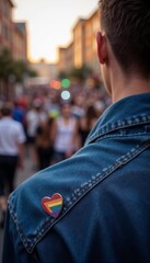Equality. Support. Diversity.LGBT support, pride marketing, LGBTQ events, social justice awareness, human rights.Person standing with rainbow heart-shaped pin on their denim jacket, supporting LGBT co