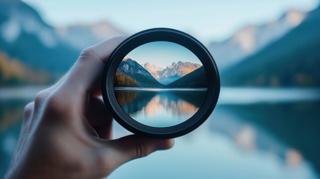 Hand holds camera lens focusing on tranquil lake landscape with mountains reflecting. Person searches for future vision through lens. Focus on nature, inspiration. Discovering new horizons. Searching