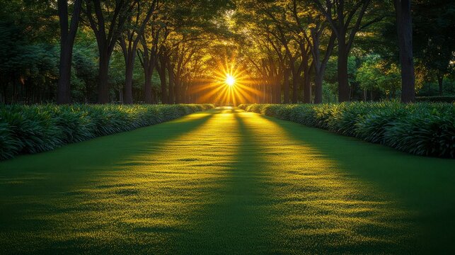 Beautiful golden morning light in Vachirabenjatas Park, Bangkok, illuminating the green grass and fresh tree plants, creating a calm and rejuvenating atmosphere perfect for outdoor relaxation.