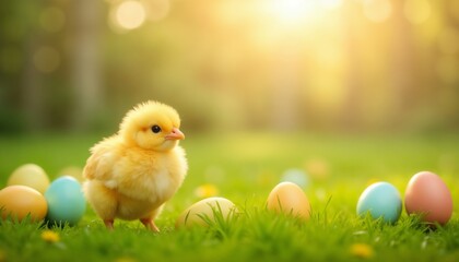 Yellow chick standing on green grass with pastel Easter eggs.Springtime. Fresh beginnings. Easter joy. pastel-colored eggs, spring event, holiday greetings, cute chick, outdoor celebration.