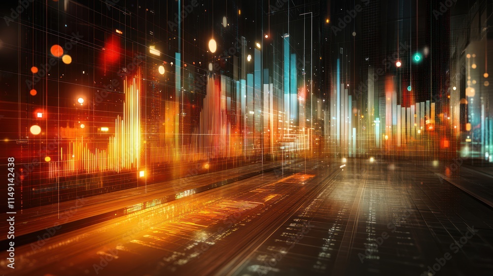Aufkleber abstract city skyline at night with dynamic data visualization and glowing lines.