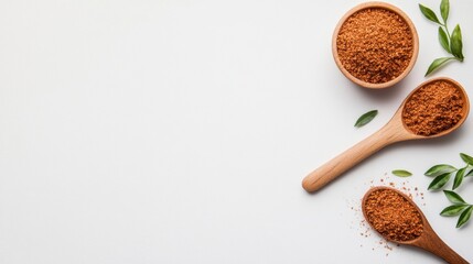 Natural spices and herbs arranged artistically on a clean white background showcasing bowls and spoons