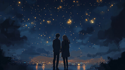 Obraz premium Two people standing together under a night sky filled with stars, symbolizing unity, dreams, and timeless love