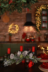 Christmas decorations lights. Modern New Year's decor. Christmas trees with garlands and gifts.