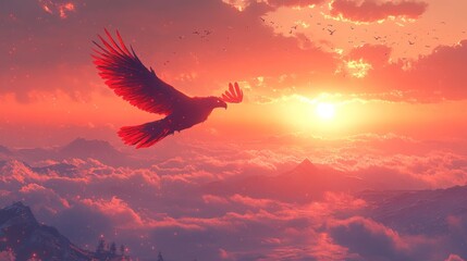 A majestic bird soars through a vibrant sunset over a mountain landscape.