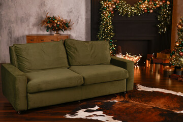 Christmas decorations lights. Modern New Year's decor. Christmas trees with garlands and gifts.