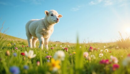 Obraz premium Little white lamb standing on a green meadow with colorful wildflowers.New life. Spring innocence. Easter joy.Easter lamb, spring meadow, seasonal nature, animal photo, holiday greeting, Easter eve