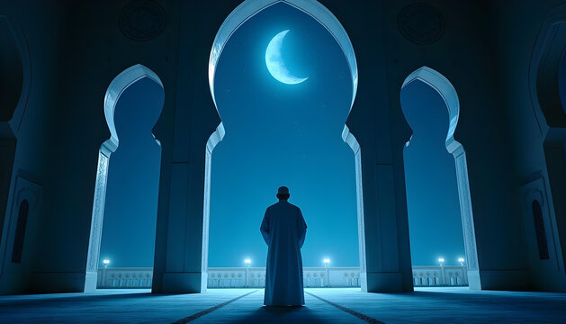 muslim man inside a mosque with a crescent moon background