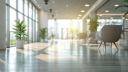 Sunlit Modern Office Lobby with Plants and Comfortable Seating
