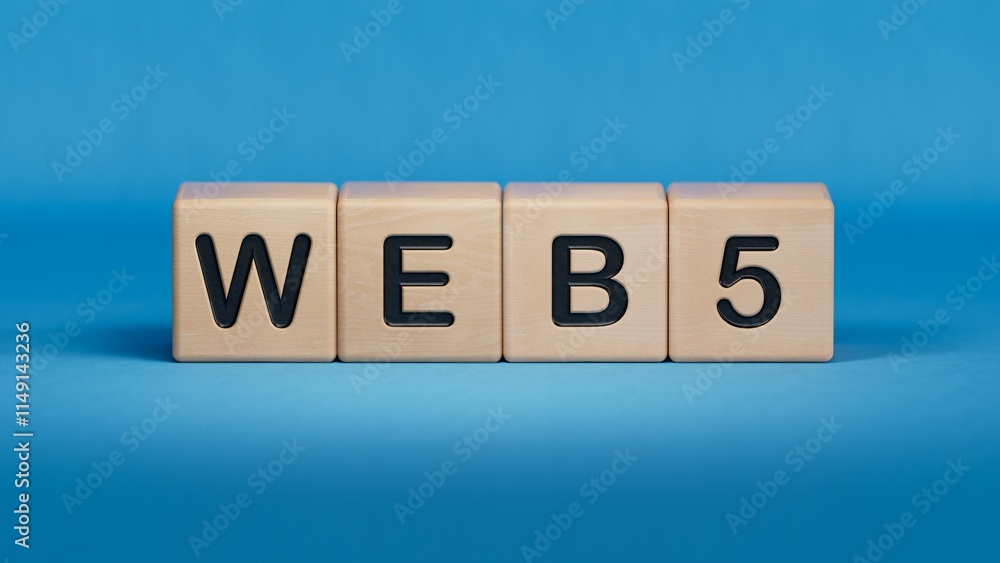 Poster wooden cube block with web 5 business word.close up of wooden elements,business concept.3d rendering