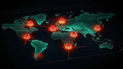 A digital world map illuminated with red signals, representing network connections and data flow across various global locations.AI, Technological Development, Globalization, Cybersecurity, Digital
