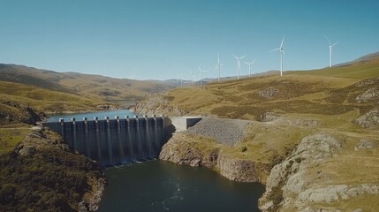 Obraz premium Hydroelectric Dam Amidst Rural Landscape with Turbines