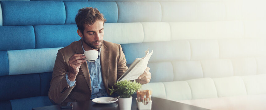 Business, man or coffee with newspaper in cafe for stock market news, economy update or morning break. Banner, space or person reading a media print for article, story or relax with caffeine beverage