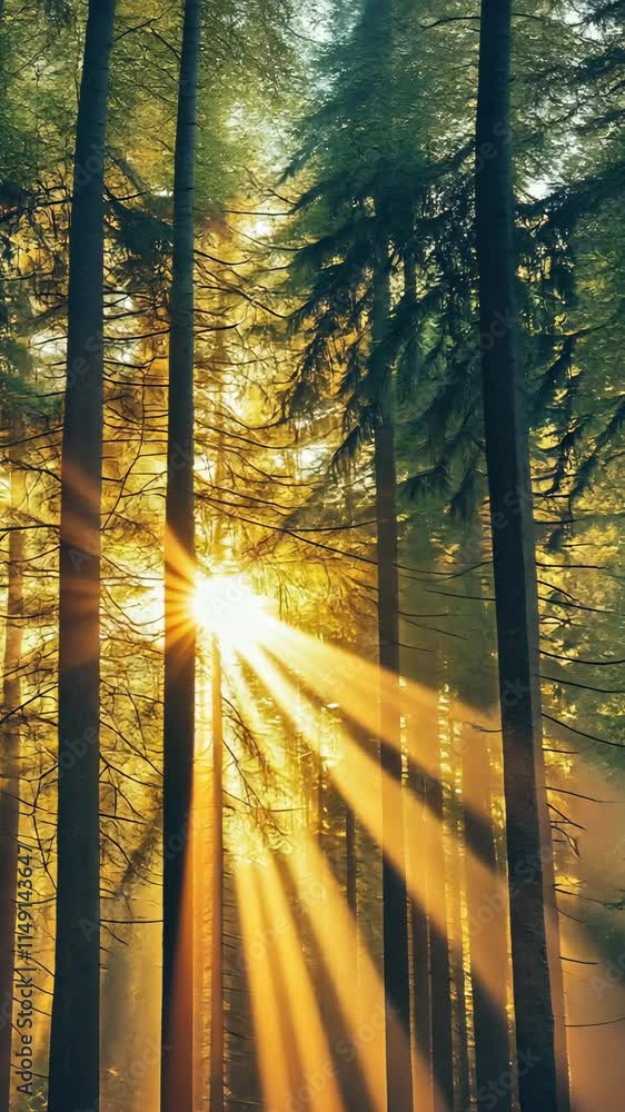 Poster sunlight filters through tall trees in a serene forest during golden hour