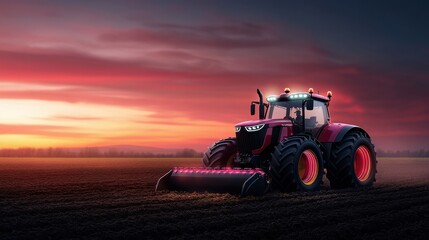 Modern red tractor working on field during sunset with dramatic sky and colorful clouds in the...