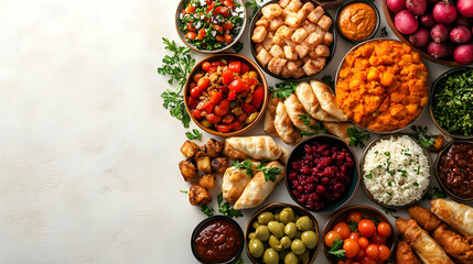 A vibrant assortment of various dishes arranged for a festive meal.
