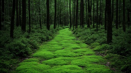 Fototapeta premium Fairy-tale inspired forest with coniferous trees adorned with soft green moss, casting a mystical atmosphere that transports you to a world of dreams and magic.