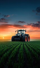 Fototapeta premium Tractor Plowing Green Field at Sunset with Colorful Sky and Dramatic Lighting in Rural Landscape