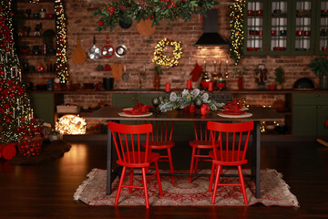 Christmas decorations lights. Modern New Year's decor. Christmas trees with garlands and gifts.