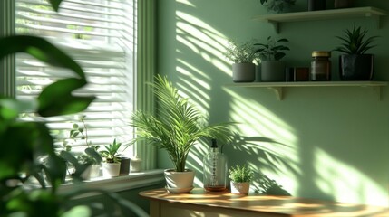 Soft mint-green tropical background with palm tree shadows, designed for mockups or product presentations, providing a fresh and inviting vibe for any creative display.