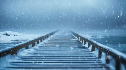 Snow-covered wooden pier extending into a foggy winter lake.