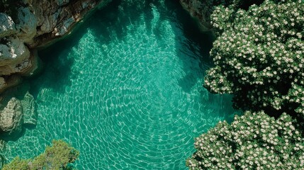 Relaxing blue water texture with gentle ripples and rings, creating a calming spa background, ideal for a top-down view with copy space to complement wellness or beauty products.