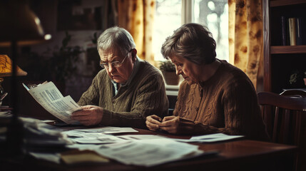 Fototapeta premium Senior couple reviewing finances at home using calculator