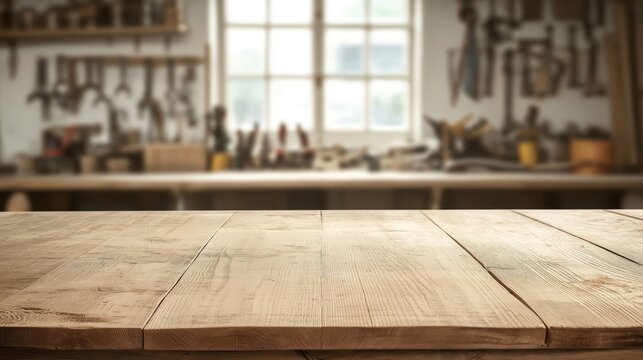 Empty wooden table in carpentry shop. Tools, equipment visible on blurred background wall. Ideal for woodworking tools products. Workspace for carpentry projects. Perfect for displaying furniture