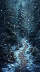 Twilight Trail Through Snow-Dusted Forest