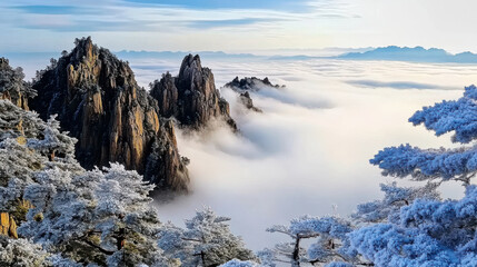 High angle shot of the sunrise sea of clouds in Mount Huangshan, Anhui Province, China.