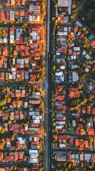 Aerial View of a Vibrant City Skyline at Sunset with Warm Tones Illuminating Buildings and Streets in an Urban Landscape