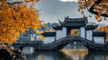 Obraz premium In autumn, golden trees, ancient town buildings, and stone arch bridges