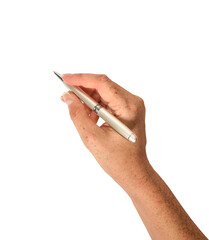 Woman's hand holding pen writing isolated cutout on transparent