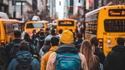 Busy City Street with People and Passing Buses