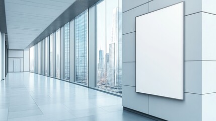 Obraz premium A modern hallway with large windows and a blank poster board for advertising.