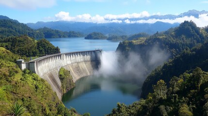 Fototapeta premium Sunrise Over Massive Hydroelectric Dam with Mist Rising