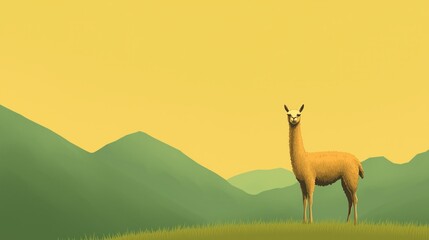 Naklejka premium Majestic Llama Standing Against Serene Mountain Landscape with Minimalist Design and Yellow Sky