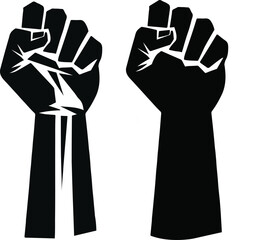 Raised fist line art vector illustration, clenched fist hand sign, fist up hand symbol clip art image, Hand fist black silhouette vector perfect for powerful and symbolic graphic designs.