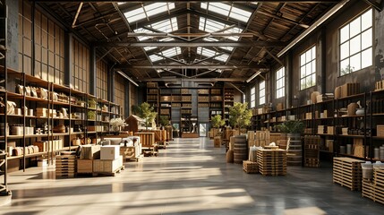 Fototapeta premium Sunlit Industrial Warehouse Interior with Wooden Shelving and Goods