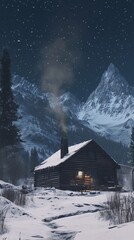 Snowy Cabin Under Starry Sky