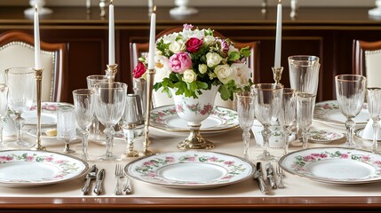 Elegant Dinner Table Set for a Special Occasion Featuring Fine China, Fresh Flowers, and Crystal Glassware Perfect for Formal Events and Celebrations