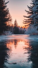 Frozen Lake at Sunset with Frosted Pines
