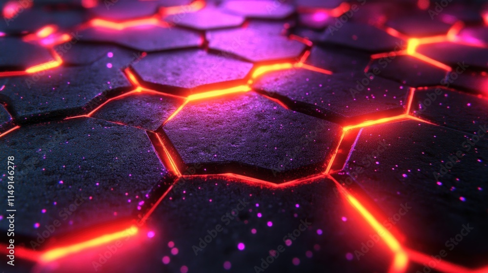 Poster abstract hexagonal pattern with glowing neon edges.