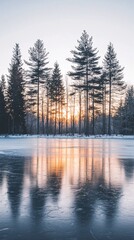 Frozen Lake at Sunset with Frosted Pines