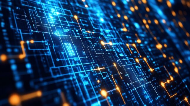 A digital circuit board design featuring blue and orange light patterns.