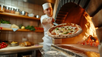 Portrait of a pizza chef inside his pizzeria