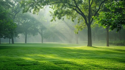 Obraz premium Sunbeams pierce morning mist in a verdant park, illuminating lush green grass and trees.